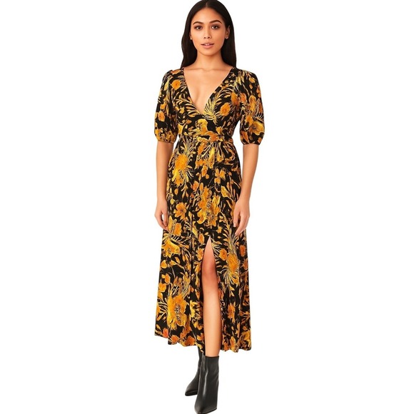 Dress Forum Heavenly Surplice Maxi Fall Dress Women's Small Black Boho Floral - Picture 1 of 11